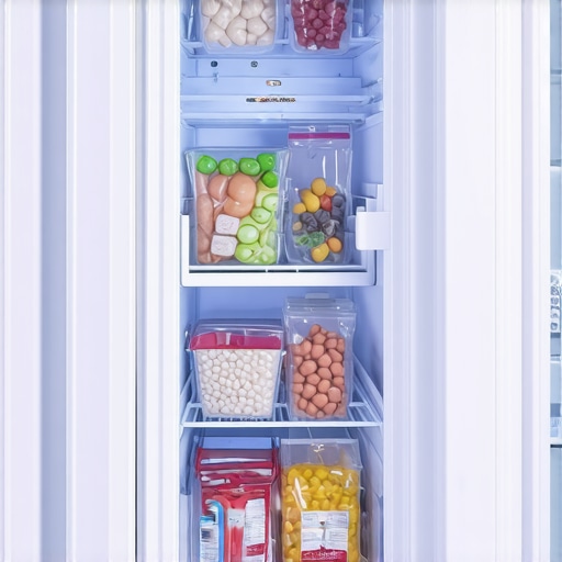 A well-organized freezer interior showing clear vents and proper spacing between frozen food items to prevent ice buildup.
