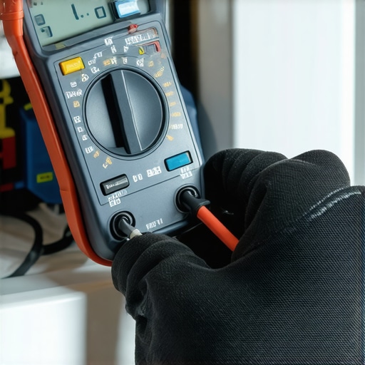 Technician using a multimeter to test a refrigerator compressor for electrical failure during a warranty inspection.