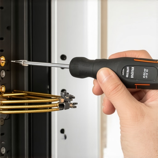 A technician unscrewing a damaged oven heating element from the back wall of an oven.