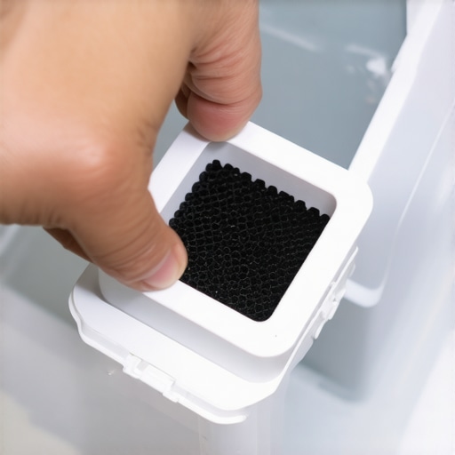 Hand removing a charcoal air filter from a refrigerator compartment.
