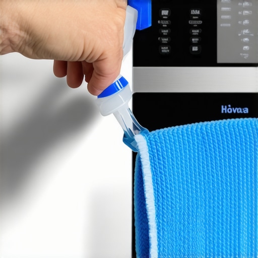 Safe Cleaning Method for Oven Displays A hand spraying a cloth with cleaner to wipe a stove control panel safely.