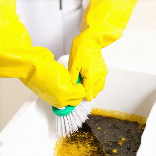 Hands cleaning a moldy refrigerator drain pan to remove odors.