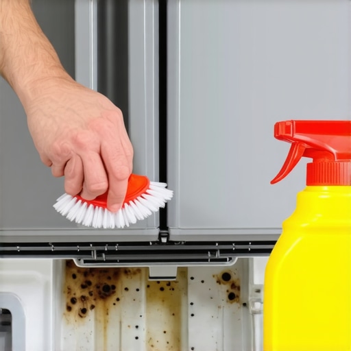 A person cleaning the sludge and buildup from a refrigerator drain pan to remove bad smells.