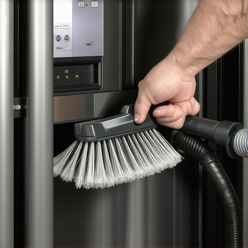 Cleaning refrigerator condenser coils with a brush and vacuum to prevent overheating.