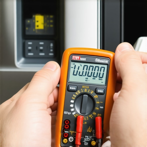 A technician using a digital multimeter to diagnose a refrigerator electrical component.
