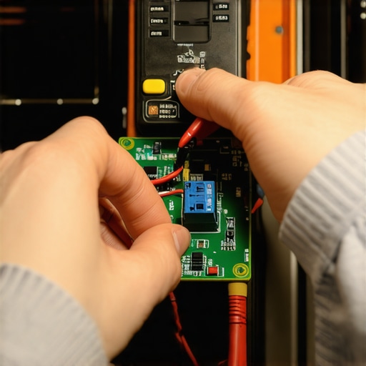 A technician using a multimeter to check for continuity on a damaged oven control board after a power surge.