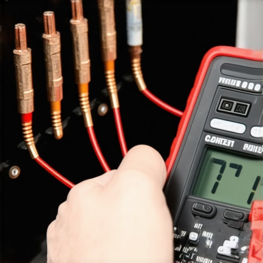 Close-up of multimeter probes touching refrigerator compressor pins for electrical testing