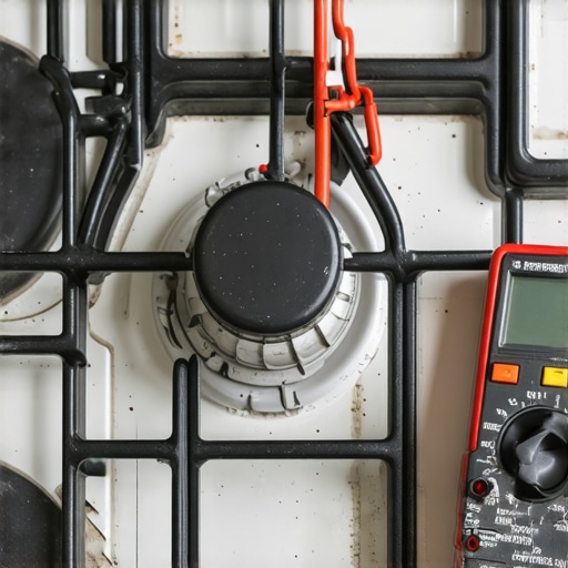 A detailed shot of a multimeter being used to diagnose a faulty gas range ignition switch.