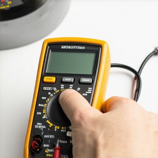 A technician using a digital multimeter to test the electrical continuity of an oven heating element.