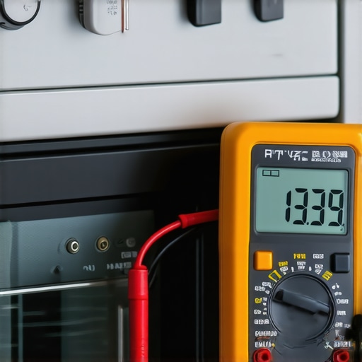 A technician using a digital multimeter to test the resistance of an oven heating element.
