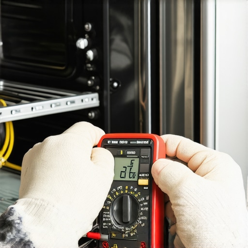 A homeowner performing diagnostic tests on an oven using a digital multimeter to check for electrical continuity.