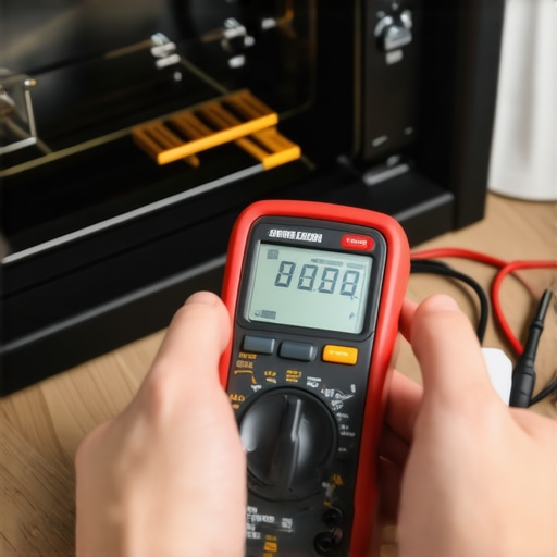 A homeowner performing DIY diagnostics on an oven heating element using a digital multimeter tool.