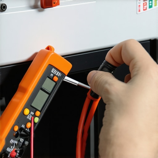 Hands using a multimeter to diagnose a blown oven thermal fuse