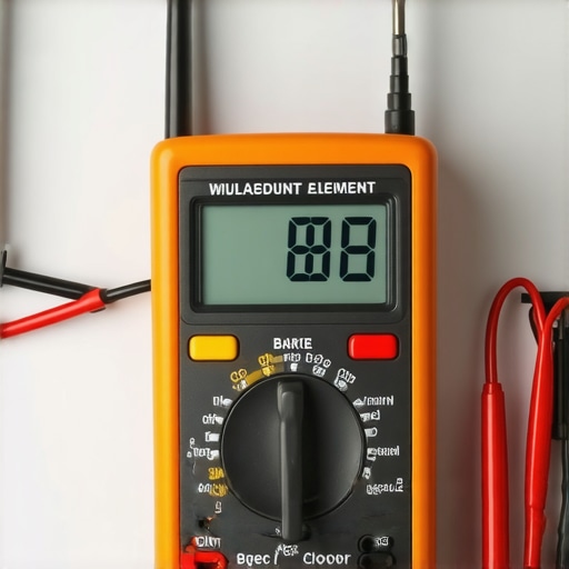 Digital multimeter probes touching an oven bake element terminal to check resistance.