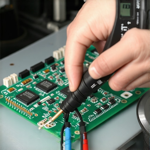 Technician using a digital multimeter on a kitchen appliance circuit board