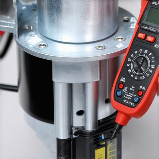 A close up photo of a person using a digital multimeter to diagnose a kitchen oven convection fan motor.