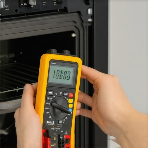 A technician testing an oven control board with a professional digital multimeter to diagnose electrical issues