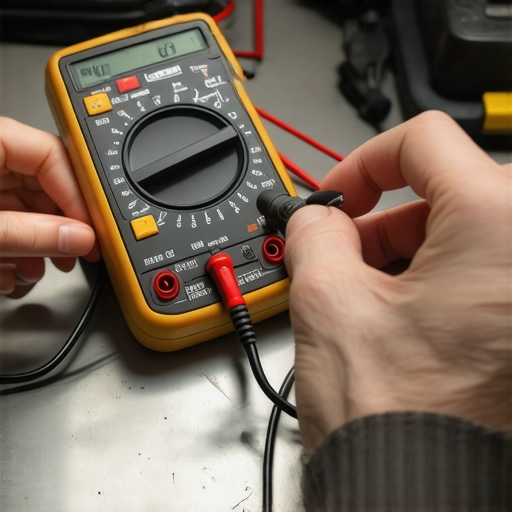 A technician using a digital multimeter to measure resistance on an oven bake element terminal.