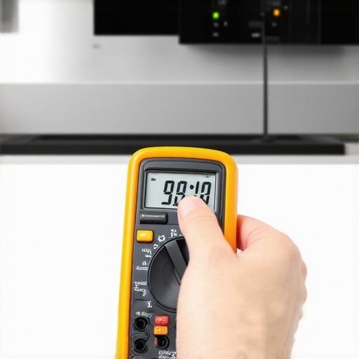 Homeowner using a digital multimeter to check continuity on a bake element for diagnostic purposes.
