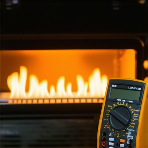 A professional technician using a multimeter to check the electrical current of a glowing gas oven igniter.
