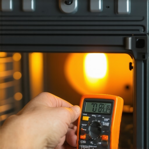 Multimeter testing the amperage of a glowing oven igniter to diagnose heating issues.