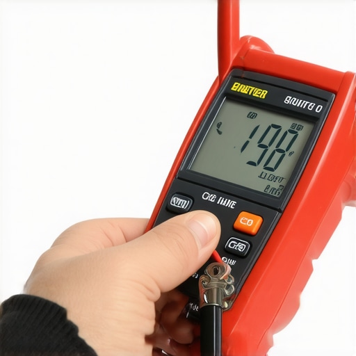 Technician measuring the current of a glowing oven igniter to diagnose a failure.