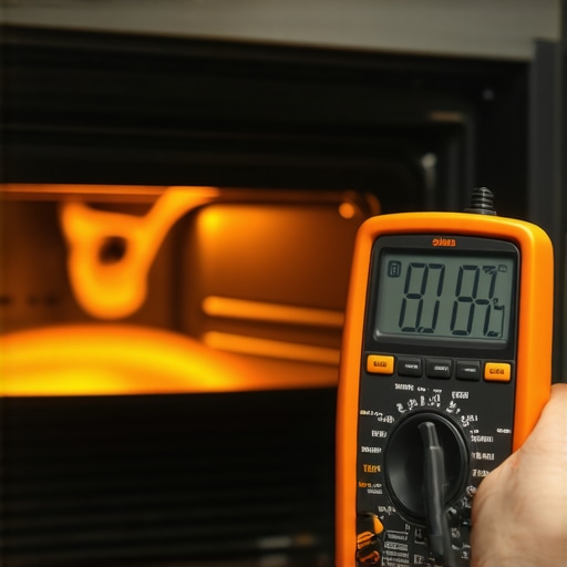 A technician using a multimeter to diagnose a failing oven igniter despite it glowing red.