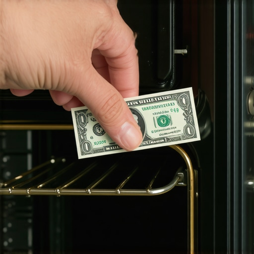 A hand performing a dollar bill test on an oven door seal to identify heat leaks.