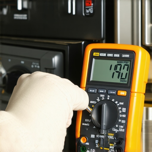 Hands using a multimeter to check the resistance of an oven temperature sensor for diagnostic purposes.