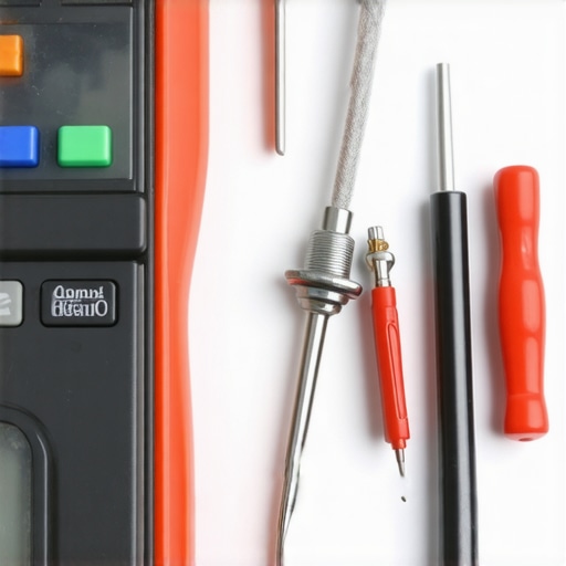 Hands using a digital multimeter to test the resistance of a metal oven temperature sensor probe.