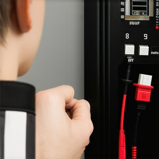 A technician using a digital multimeter to diagnose a faulty start relay in a kitchen setting.