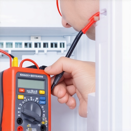 A technician using a multimeter for advanced refrigerator diagnostics on a defrost heater.