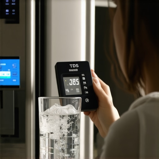 Digital TDS water tester measuring a glass of fresh refrigerator water on a kitchen counter
