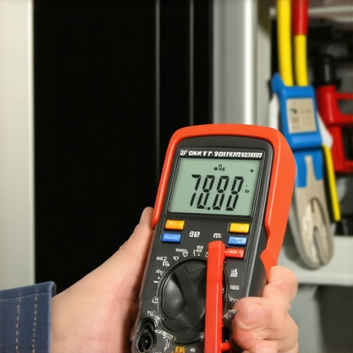 Hand holding multimeter probes against a fridge compressor for diagnostic testing.