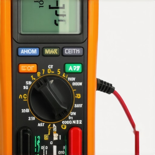 Close-up of a digital multimeter being used for refrigerator diagnostics