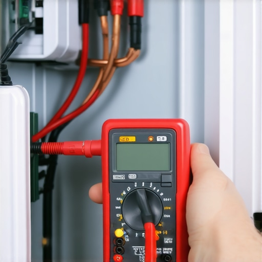 Close-up of a multimeter testing a fridge start relay for continuity.