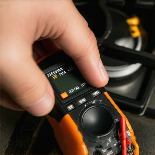 Hands using multimeter probes on the terminals of a gas stove spark module