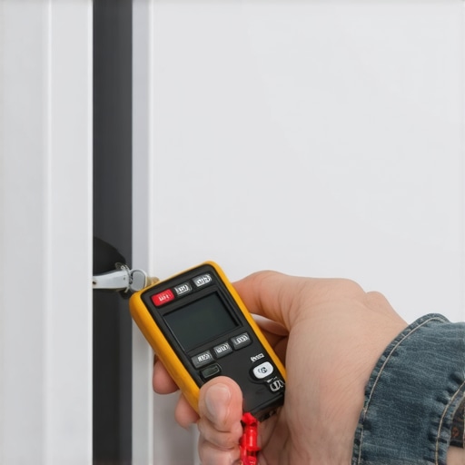 Close-up of a technician checking a fridge door switch for continuity.