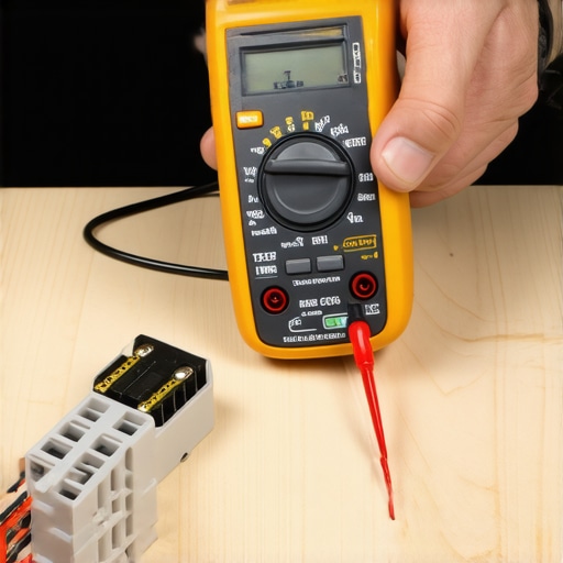 Close-up of a DIY diagnostic using a multimeter on a fridge relay part.