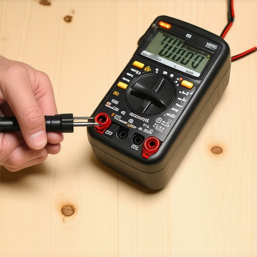 A person diagnosing a faulty refrigerator start relay using a digital multimeter on a workbench.