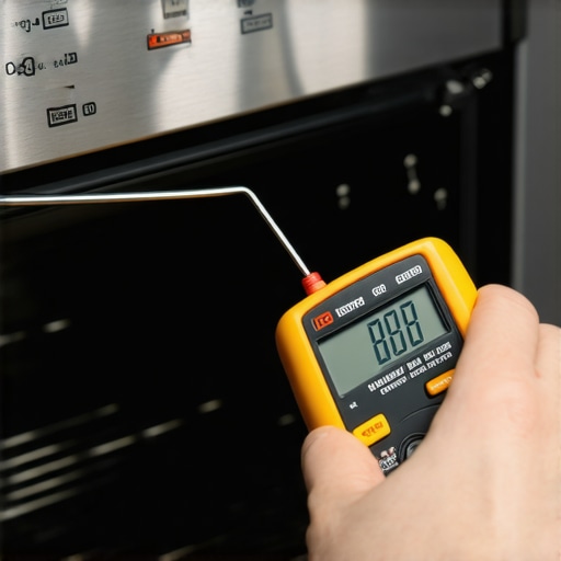 Person measuring the electrical resistance of an oven temperature probe using a multimeter.