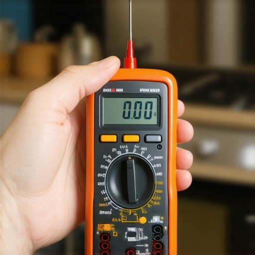 Close-up of a DIYer using a multimeter to diagnose an oven temperature sensor.