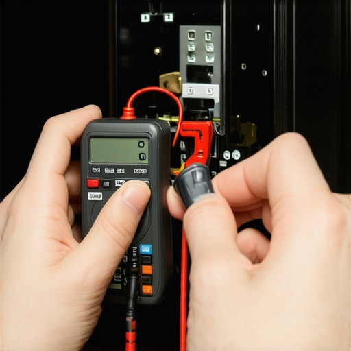 A technician using a multimeter to check continuity on an oven thermal fuse to diagnose a blank control board.