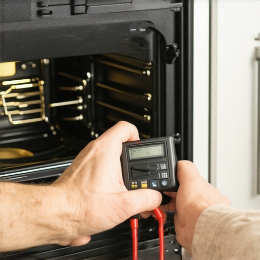 Hands using a multimeter to diagnose a faulty oven heating element for a DIY repair