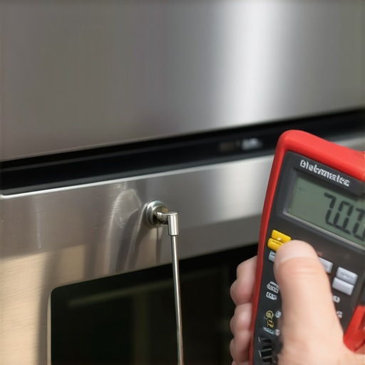 Close-up of a multimeter measuring the resistance of an oven temperature probe to diagnose heating issues.