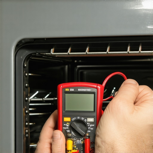 A technician using a multimeter to diagnose an oven electrical issue