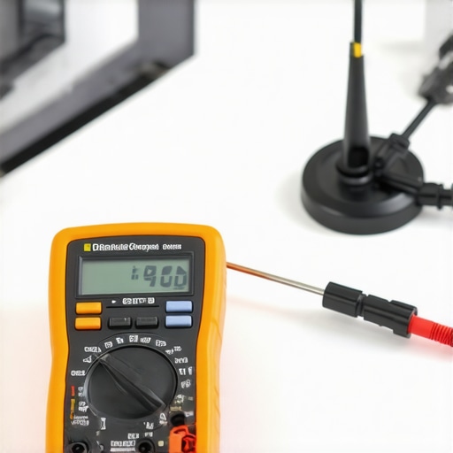 A technician uses a multimeter to perform advanced diagnostics on an oven sensor to ensure accuracy.
