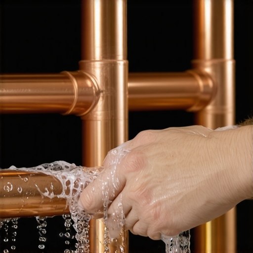 A technician or homeowner using the soap bubble method to identify a refrigerant leak on a copper pipe.
