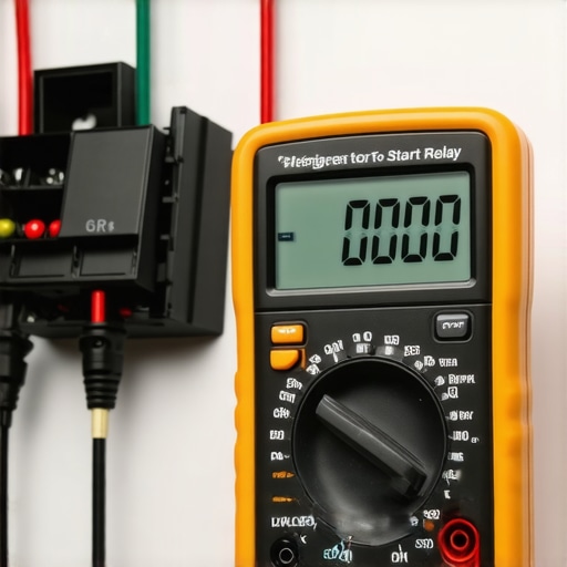 Professional technician performing electrical diagnostics on a refrigerator start relay.