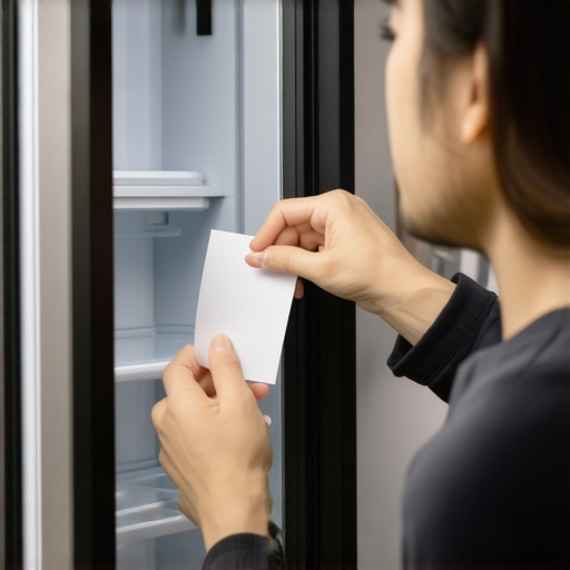A person performing a paper test on a refrigerator door gasket to check the seal tightness